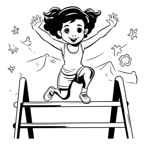 Happy girl jumping over obstacle. black and white vector cartoon