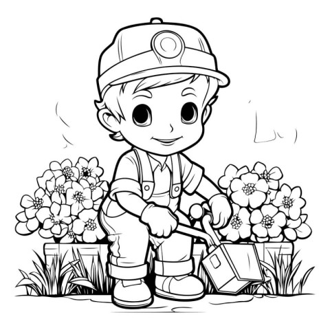 Cute boy watering flowers in the garden. black and white vector