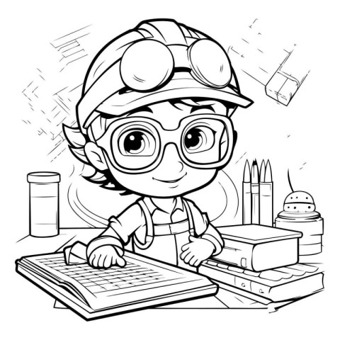 Black and White Cartoon Illustration of Little Boy Studying at H