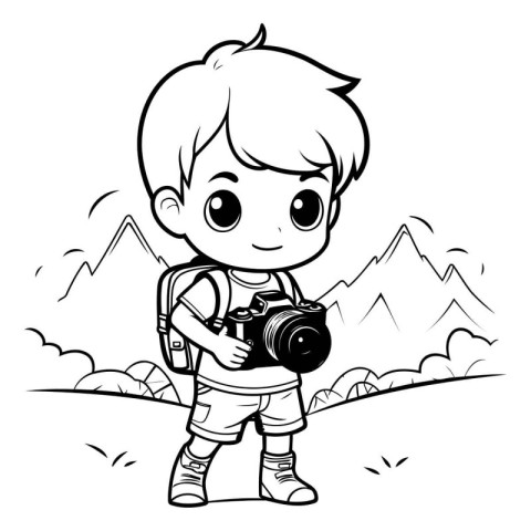 Boy with a camera in the mountains. Vector illustration for colo