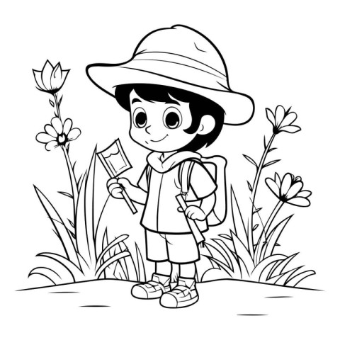 Boy with backpack and map cartoon in the garden vector illustrat