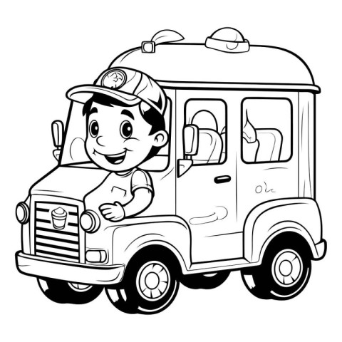 Black and White Cartoon Illustration of a Kid Boy Driving a Fast