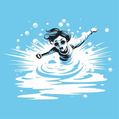 Boy swimming in the water with splashes of water. Vector illustr