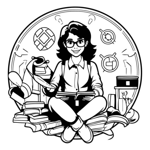 Girl student with books. Black and white vector illustration for