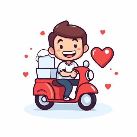 Cute boy riding scooter with pizza boxes and hearts. Vector illu