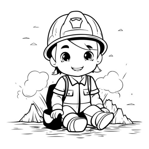 Black and White Cartoon Illustration of Little Firefighter or Fi