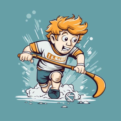 Cartoon boy playing hockey. Vector illustration of a boy playing