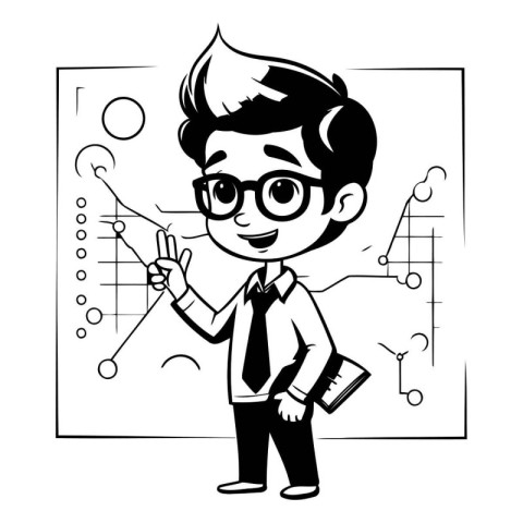 Vector illustration of a boy in glasses and a tie with a noteboo