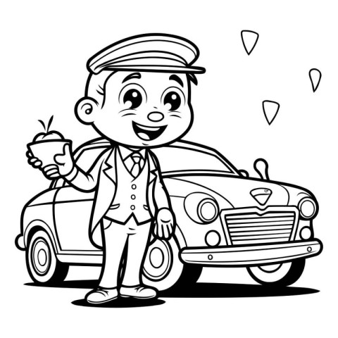 Black and White Cartoon Illustration of Old Man Driving a Retro