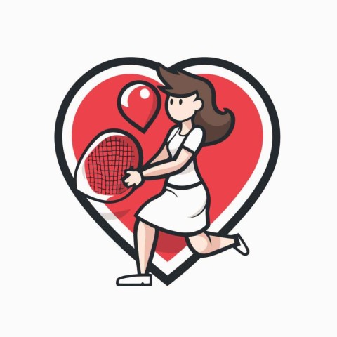 Tennis player girl with racket and ball in heart vector illustra