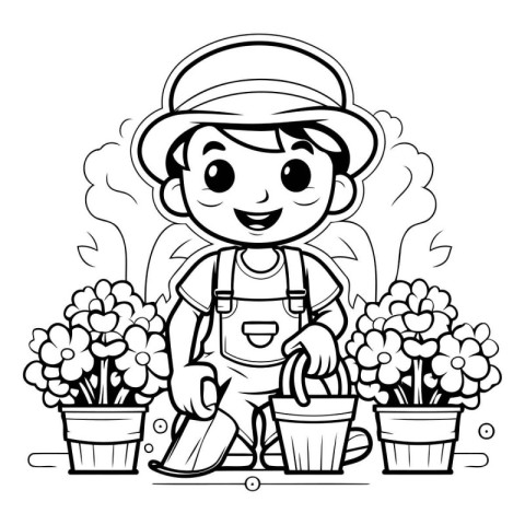 Black and White Cartoon Illustration of Gardener or Gardener Cha