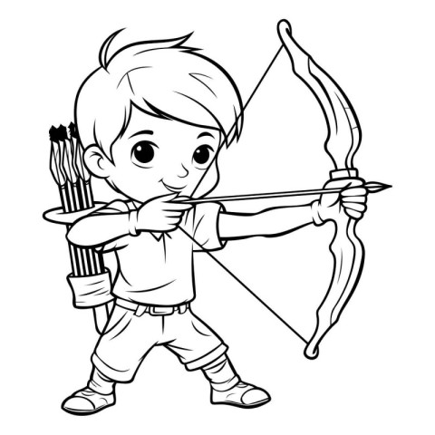 Cute boy with bow and arrow. Vector illustration for coloring bo