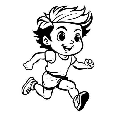 Running boy - Black and White Cartoon Illustration. Isolated on