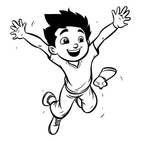 Happy boy jumping in the air. black and white vector illustratio