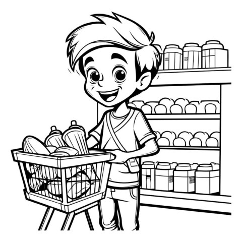 Boy shopping in supermarket - Black and White Cartoon Illustrati