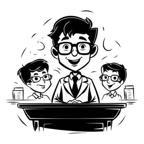 Vector illustration of teacher and students at school. Black and