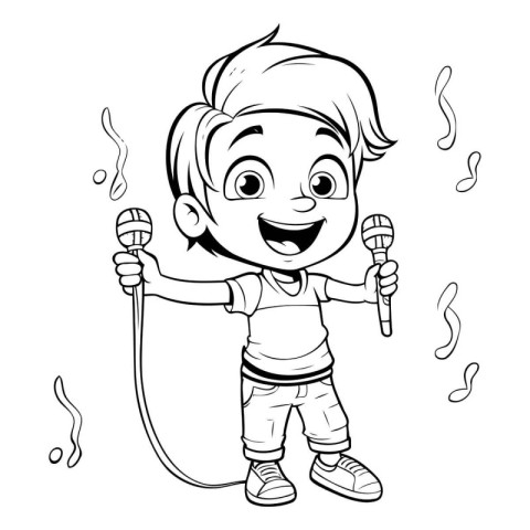 Cartoon little boy singing karaoke. Vector illustration for colo