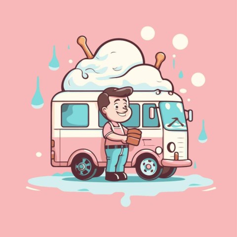 Vector illustration of a man in front of a van with ice cream