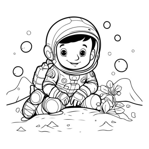 Cute cartoon astronaut sitting on the sand. Coloring book for ch