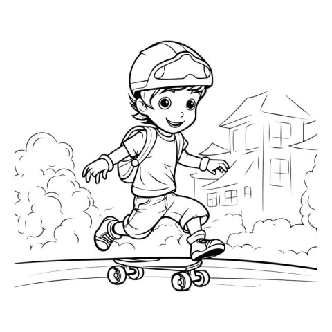 Boy riding skateboard on the road. Coloring book for kids