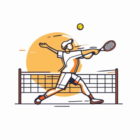 Tennis player with racket and ball. Line style vector illustrati