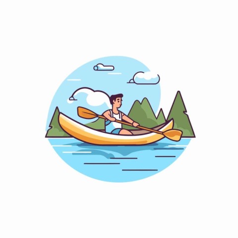 Man in a kayak on the lake. Flat vector illustration.