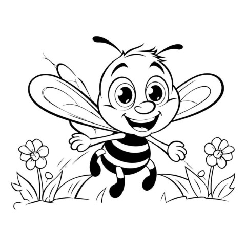 Black and White Cartoon Illustration of Cute Bee Animal Characte