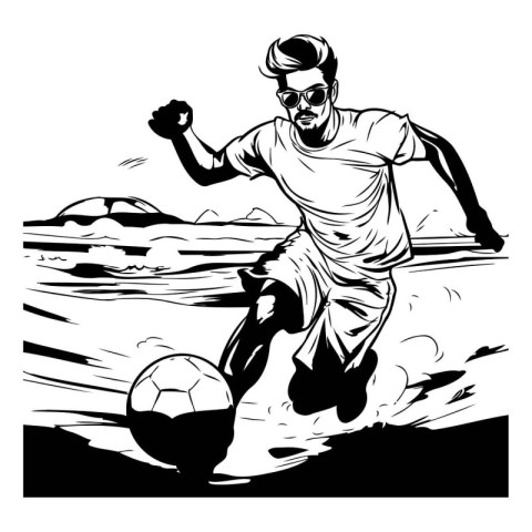 Soccer player with ball on the beach. Black and white illustrati