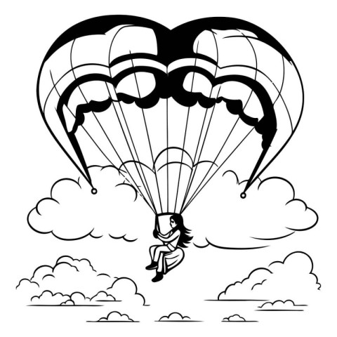 Parachutist flying in the clouds. Black and white vector illustr