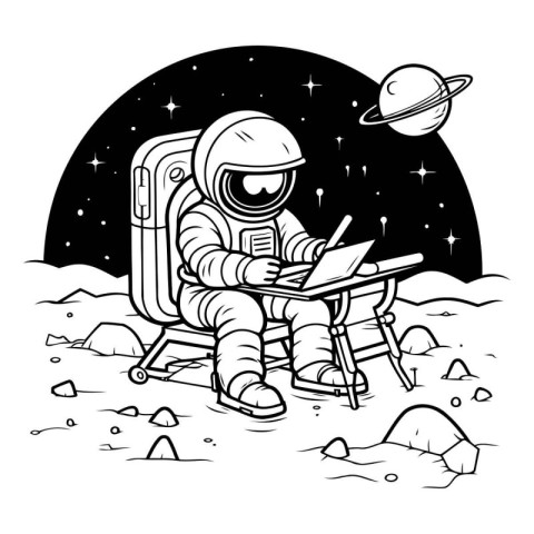 astronaut working on a laptop in the moonlight. vector illustrat