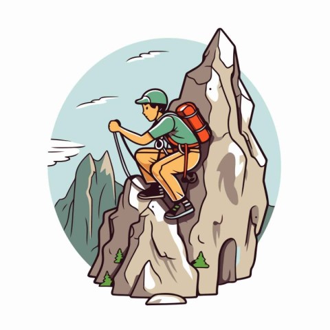 Hiker climbing up a rock. Vector illustration in cartoon style.