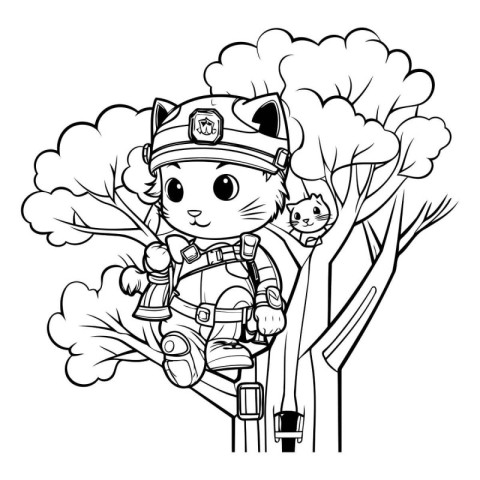 Coloring Page Outline Of a cat firefighter with a cat on a tree