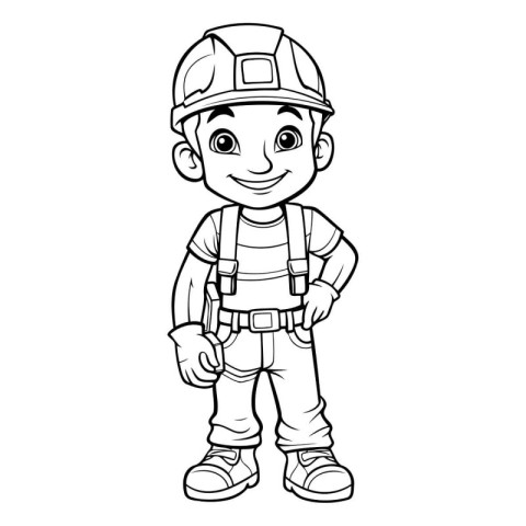 Black and White Cartoon Illustration of Cute Little Fireman Char