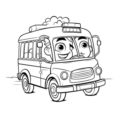 Black and White Cartoon Illustration of Funny School Bus Charact