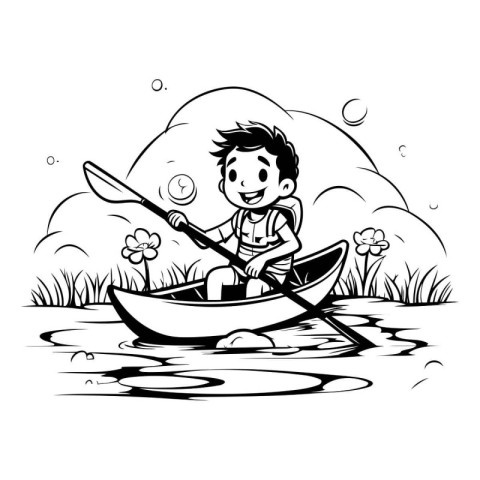 Boy rowing on a boat in the lake. black and white vector illustr