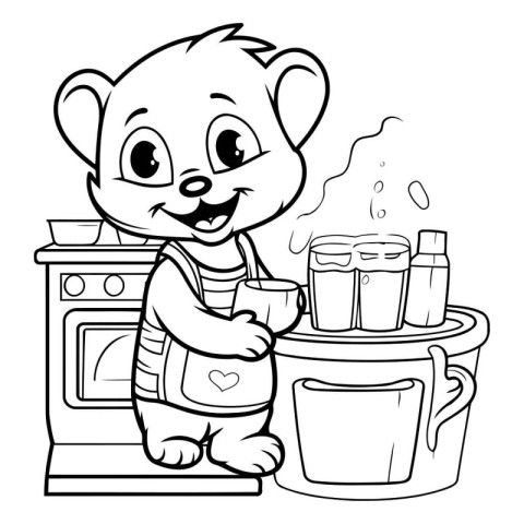 Black and White Cartoon Illustration of Cute Baby Bear Drinking