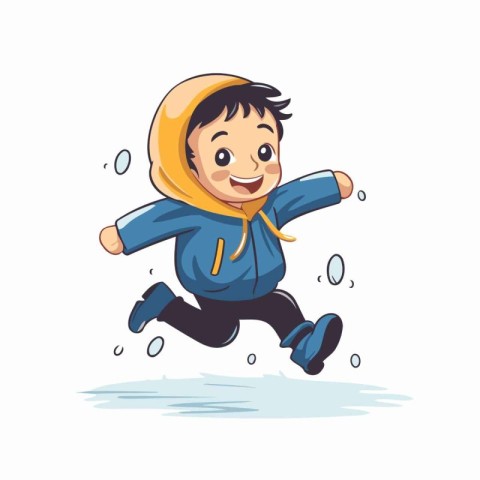 Cute little boy running in a raincoat. Vector illustration.