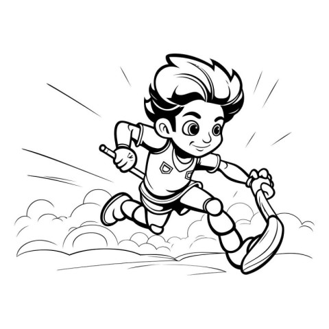 Cute little boy running in the clouds. Black and white vector il