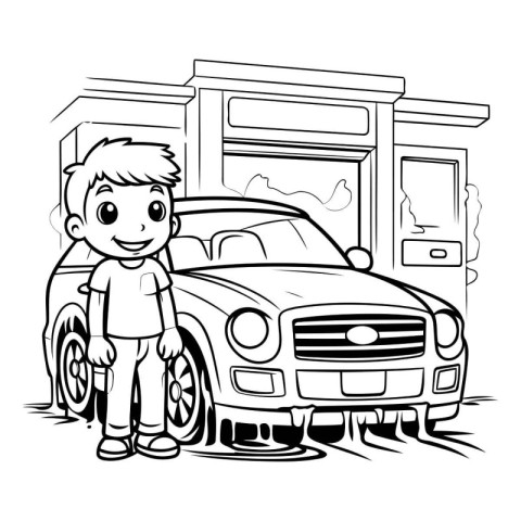 Cute little boy with a car. Vector illustration for coloring boo