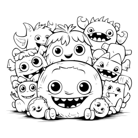 Black and White Cartoon Illustration of Funny Monsters Group for