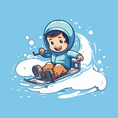 Cute little boy riding a snowboard. Vector illustration in carto