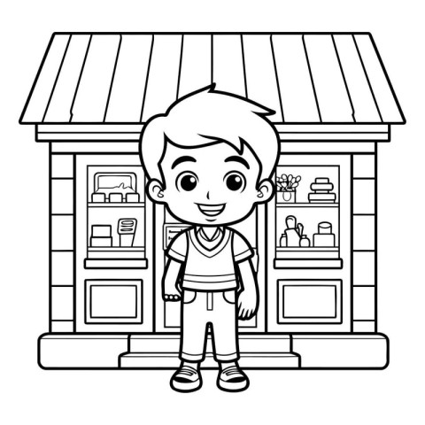 cute little boy in front of shop cartoon vector illustration gra