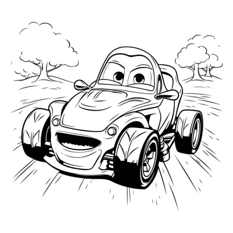 Black and White Cartoon Illustration of Funny Retro Car or Vehic