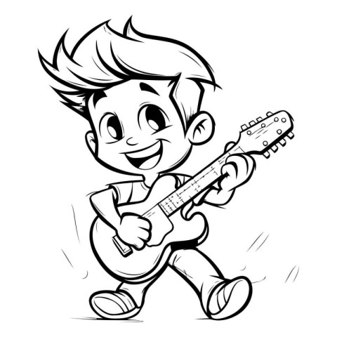 Boy Playing Guitar - Black and White Cartoon Mascot Illustration