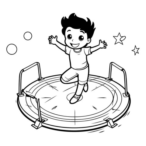 Boy jumping on a round trampoline. Black and white vector illust