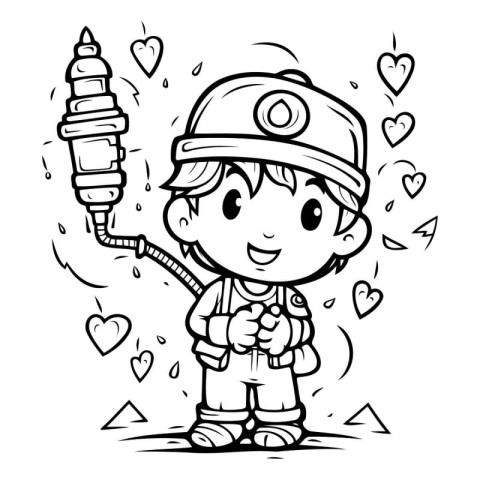 Cartoon Illustration of Cute Kid Boy in Fireman Costume Holding