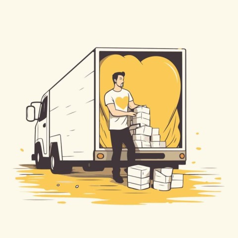 Delivery man with boxes in a truck. Delivery service. Vector ill