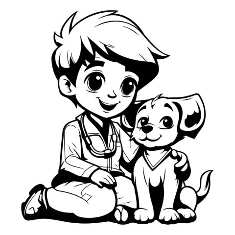 Veterinarian and dog - black and white vector illustration for c