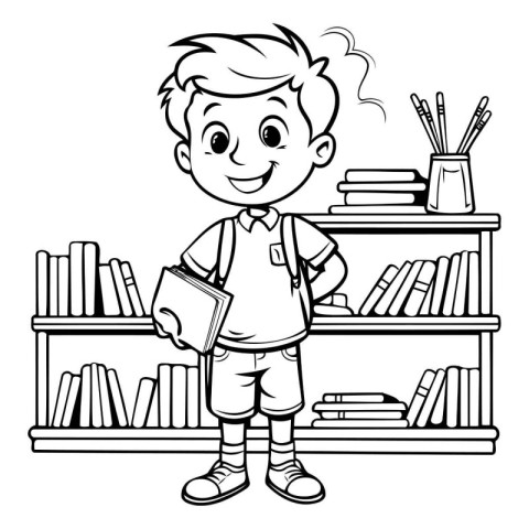 Boy with books and bookshelves. black and white vector illustrat