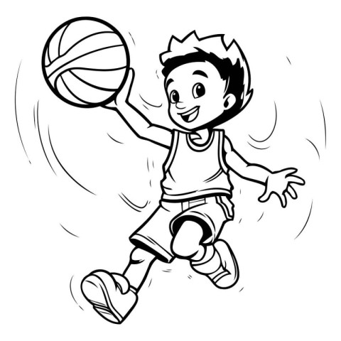 Illustration of a Kid Playing Basketball - Black and White Carto